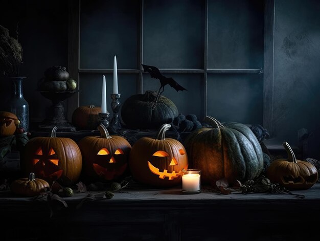 Halloween pumpkins on old wooden table in dark room toned