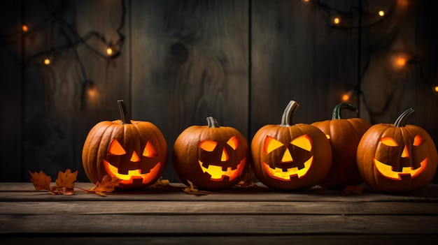 Halloween pumpkins on old wooden table with spider