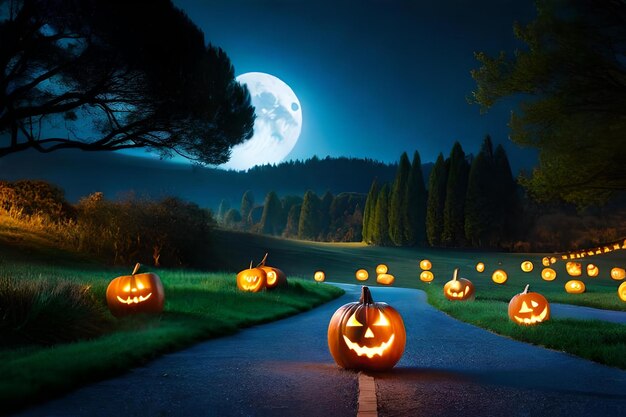 Фото Тыквы хэллоуина на дороге с полной луной позади них.