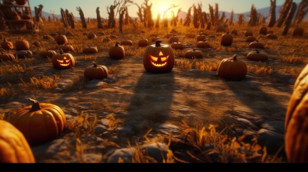 Halloween pumpkins oncemetery field ai generated