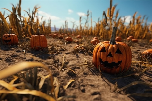 Halloween pumpkins oncemetery field ai generated