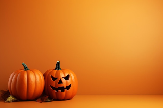 Halloween pumpkins on orange background with copy space