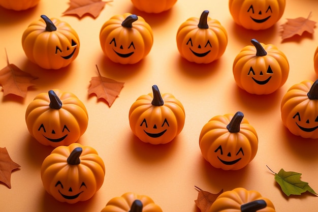 Хэллоуин тыквы пластиковые игрушки на оранжевом фоне JackOLantern для празднования Хэллоуина Концепция счастливого Хэллоуина Традиционный октябрьский праздник Осенний праздник фон или поздравительная открытка