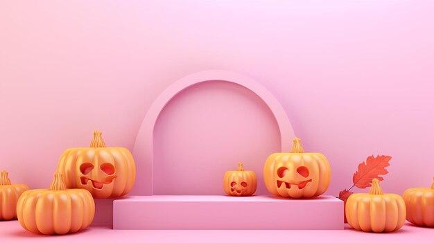 Photo halloween pumpkins podium on light orange background