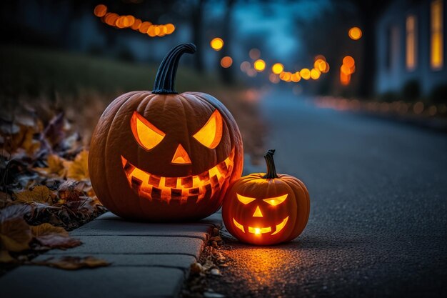 Halloween pumpkins on a road with lights in the background