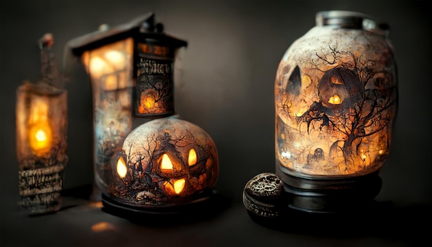 Halloween Pumpkins in Scary Cemetery. realistic halloween festival illustration.