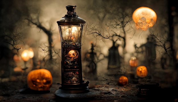 Halloween Pumpkins in Scary Cemetery. realistic halloween festival illustration.