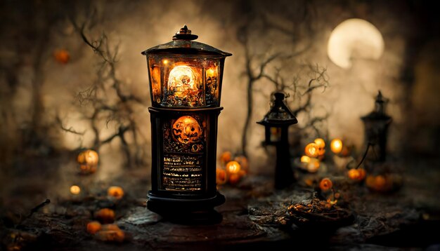 Halloween Pumpkins in Scary Cemetery. realistic halloween festival illustration.