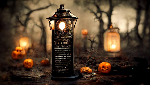 Halloween Pumpkins in Scary Cemetery. realistic halloween festival illustration.