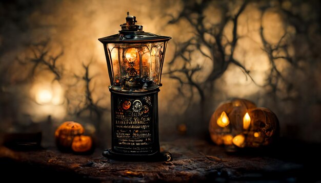 Halloween Pumpkins in Scary Cemetery. realistic halloween festival illustration.