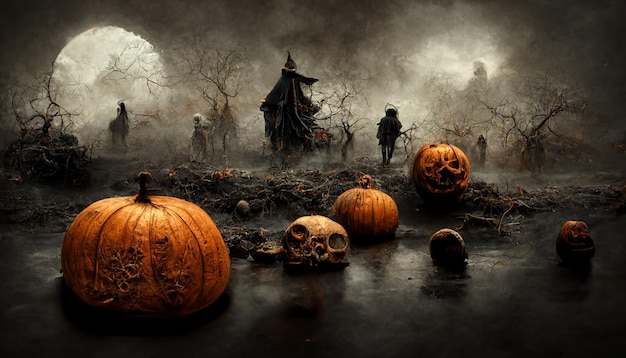 Halloween Pumpkins in Scary Cemetery. realistic halloween festival illustration.