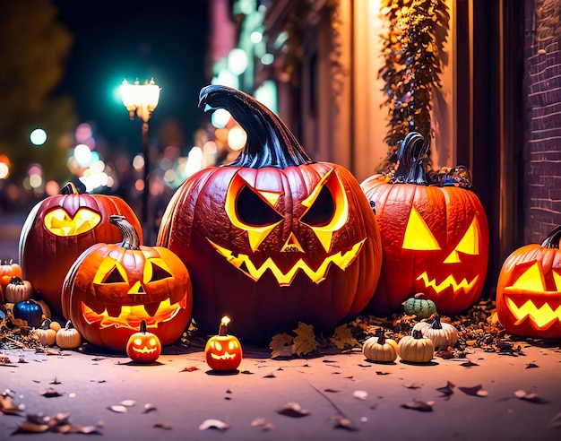 Halloween pumpkins on a sidewalk with a lit lamp behind them