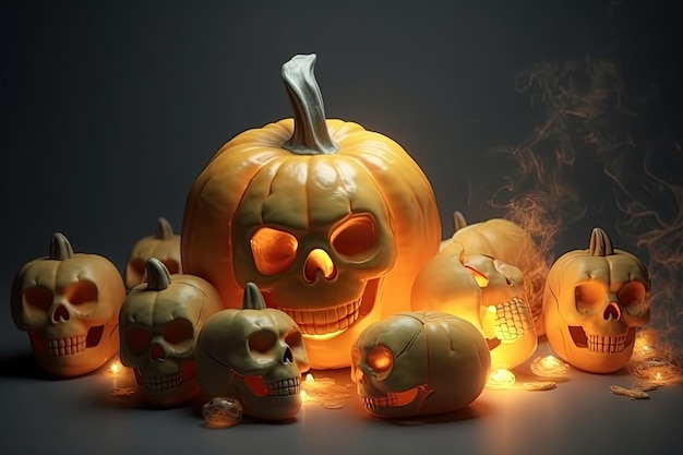 Halloween pumpkins and skulls 3D dark background