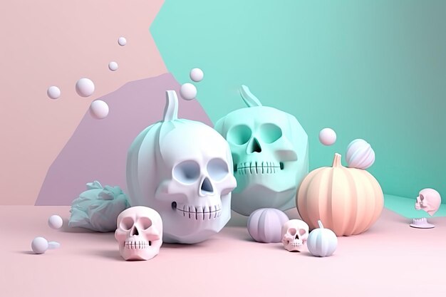 Halloween pumpkins and skulls 3D pastel background