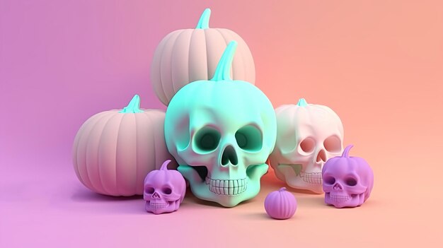 Halloween pumpkins and skulls 3D pastel background