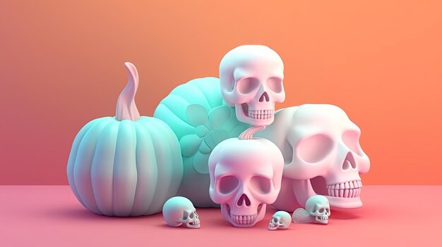 Halloween pumpkins and skulls 3D pastel background