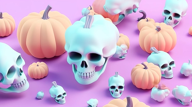 Halloween pumpkins and skulls 3D pastel background