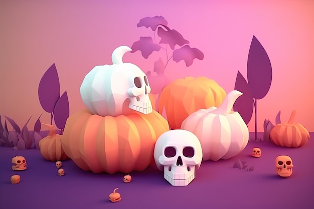 Halloween pumpkins and skulls 3D pastel background