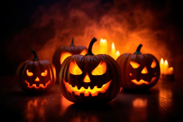 Halloween pumpkins smiling jack lantern and candles at night home interior Hallows eve decoration funny glow pumpkins inside house generated AI