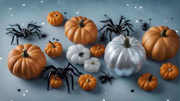 Halloween pumpkins and spiders on blue background 3d illustration