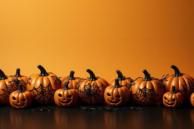 Хэллоуин тыквы и пауки на оранжевом фоне 3d иллюстрация