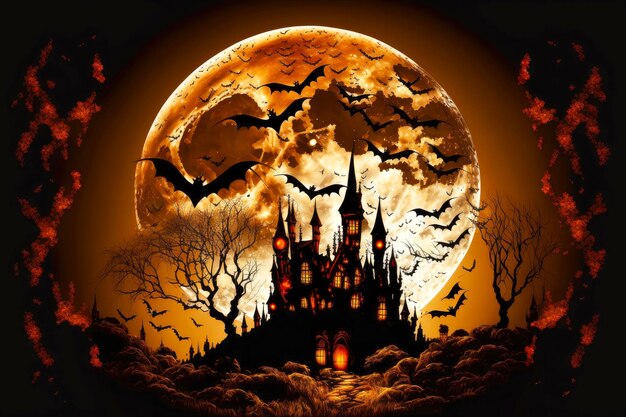 Halloween pumpkins spooky castle bats and full moon scarecrow