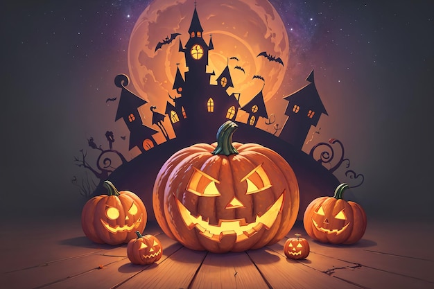 Halloween pumpkins and spooky castle on wooden floor