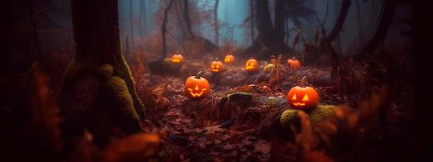 Halloween pumpkins in a spooky forest Generative AI