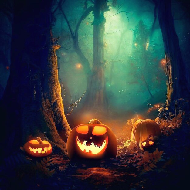 Photo halloween pumpkins in spooky forest halloween background night