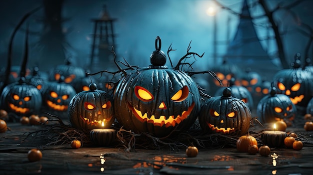 Halloween pumpkins in spooky forest at night 3D rendering