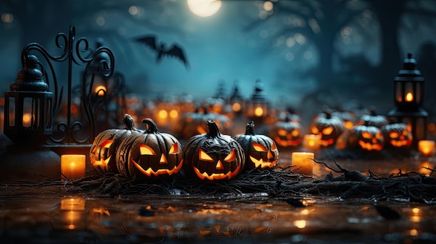 Halloween pumpkins in spooky forest at night 3D rendering