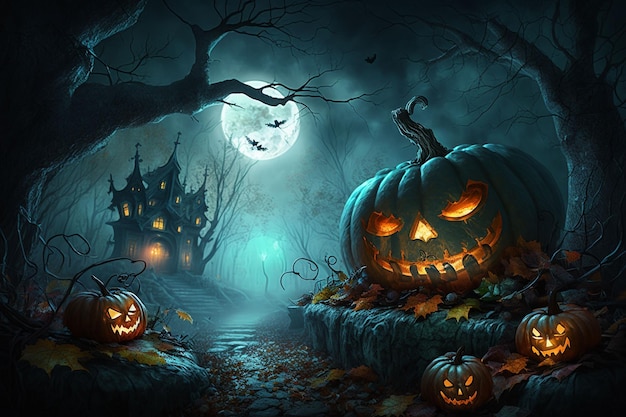 Halloween pumpkins in a spooky forest with a full moon in the background