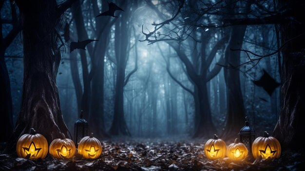 Halloween pumpkins in a spooky forest