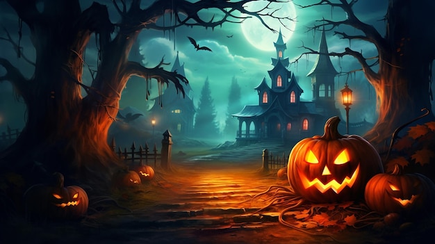 Photo halloween pumpkins spooky trees and haunted house with moonlight on orange background