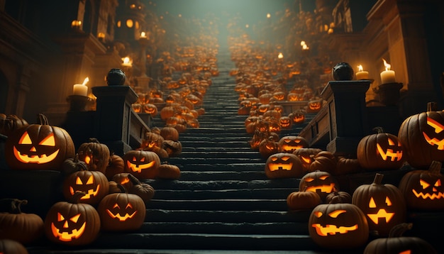 Halloween pumpkins on stairs at night 3d rendering