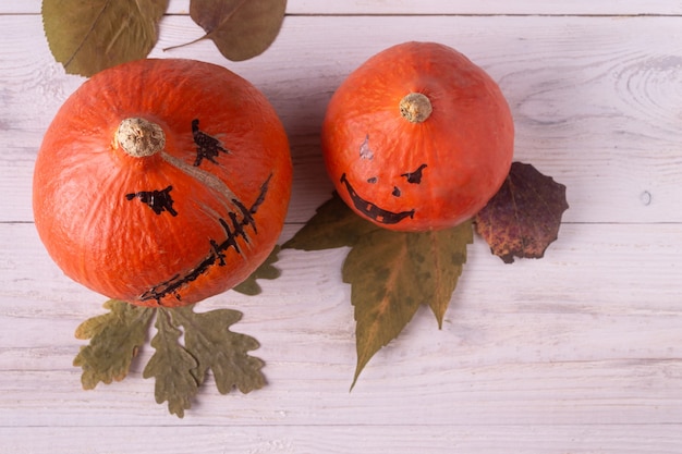 Halloween pumpkins stand on autumn leaves