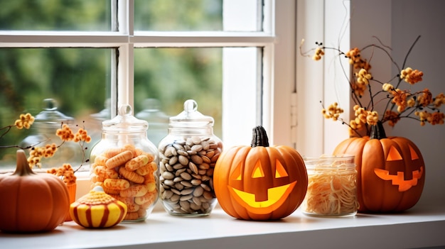 Halloween pumpkins and sweets on a white windowsill