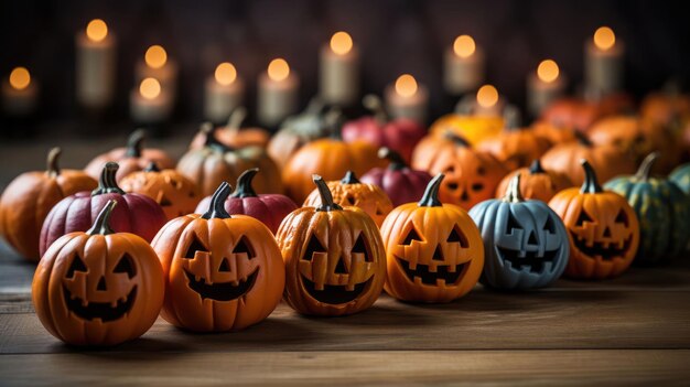 ハロウィンの南瓜がテーブルの上にあり背景にろうそくが点灯しています