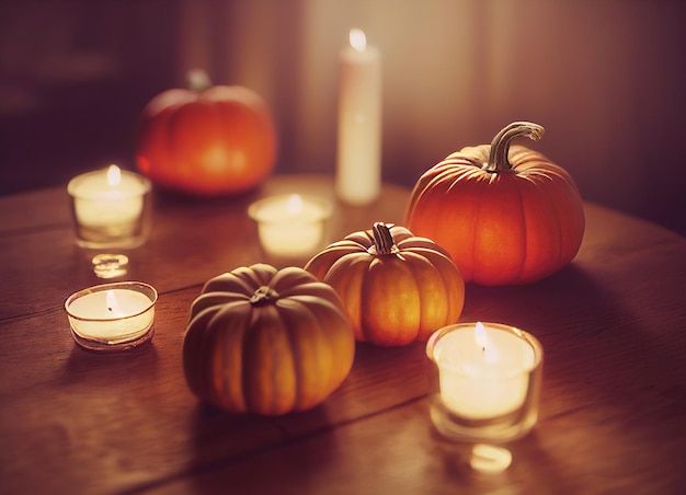 Halloween pumpkins on top of a wooden table