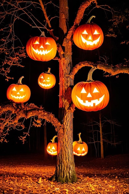Halloween pumpkins in a tree with a pumpkin carved in the middle