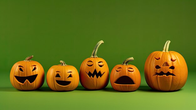 Halloween pumpkins on a vivid green background