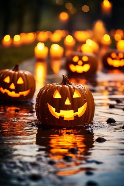 Photo halloween pumpkins in the water at night