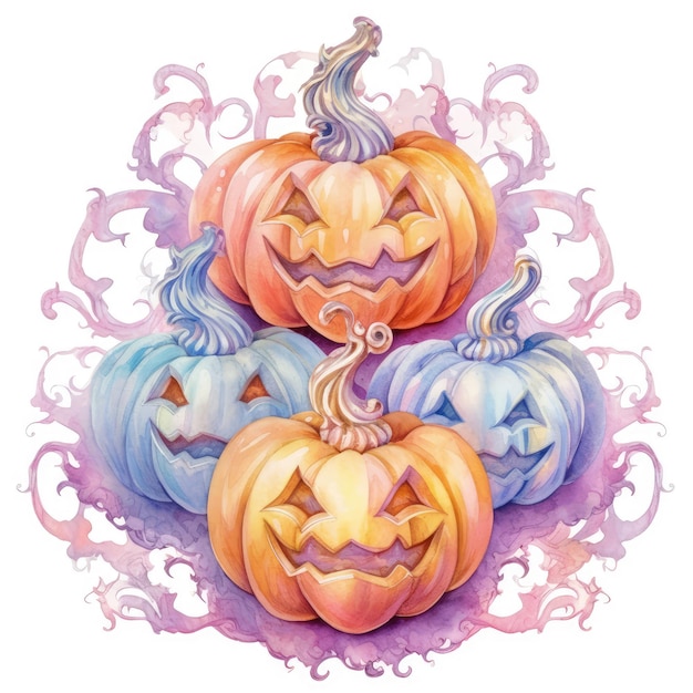 Halloween pumpkins on white background Watercolor hand drawn illustration