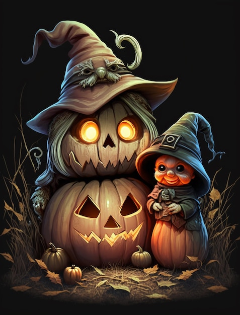 Halloween pumpkins and witch on black background 3d illustration