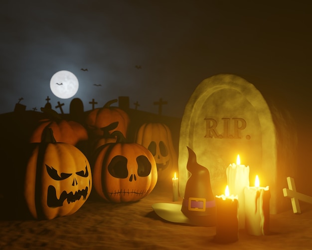 Halloween pumpkins at the witchs funeral  3D rendering