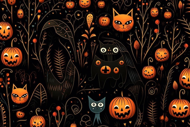 Хэллоуинские тыквы с черной кошкой на черном фоне.