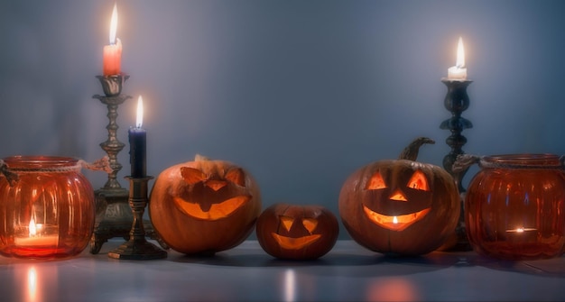 Halloween pumpkins with burning candles on white table