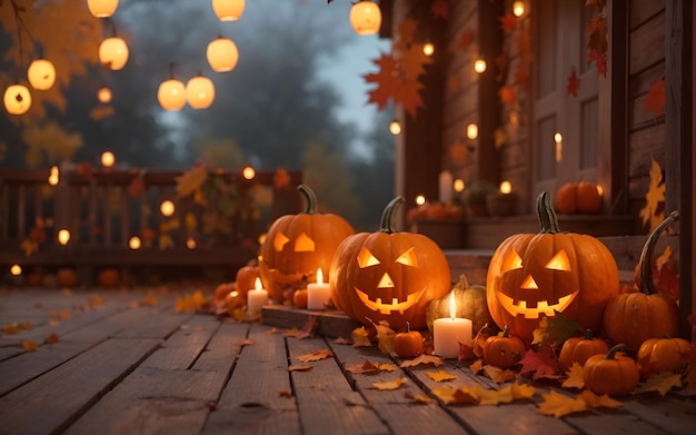 Halloween pumpkins with burning candles on wooden terrace at nigh