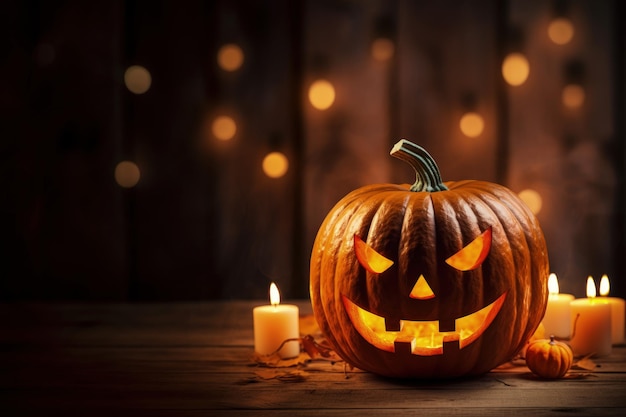 Halloween pumpkins with candles on dark blurred background space for text ai generative