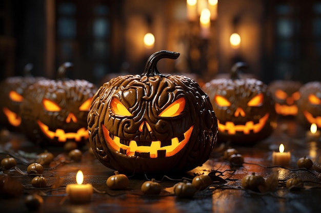 halloween pumpkins with candles in the dark